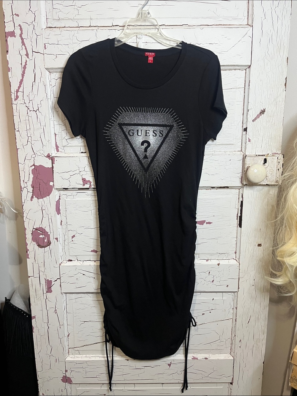 GUESS Black Tee Midi Dress with Silver Triangle Logo Ruched Sides w/ ties Sz Lg